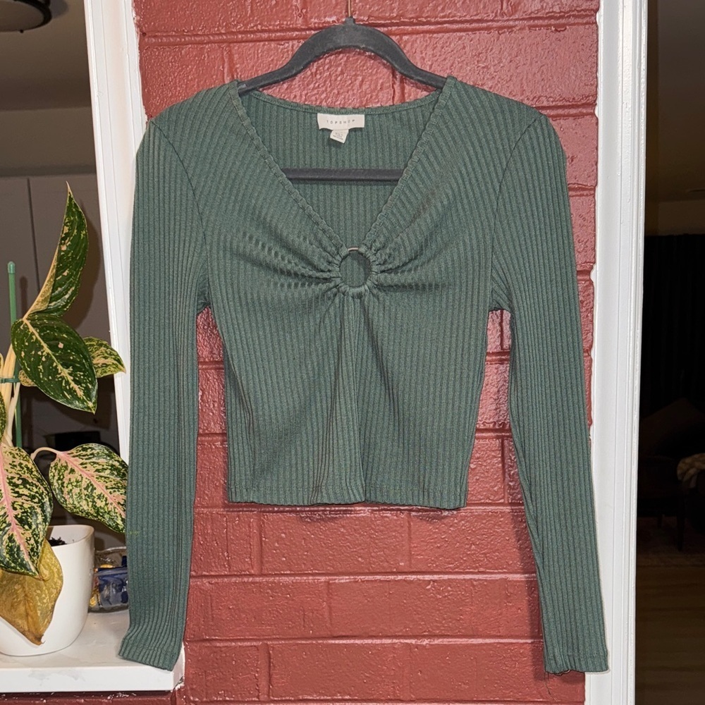 Topshop Forest Green Ribbed Long Sleeve Top Size 6